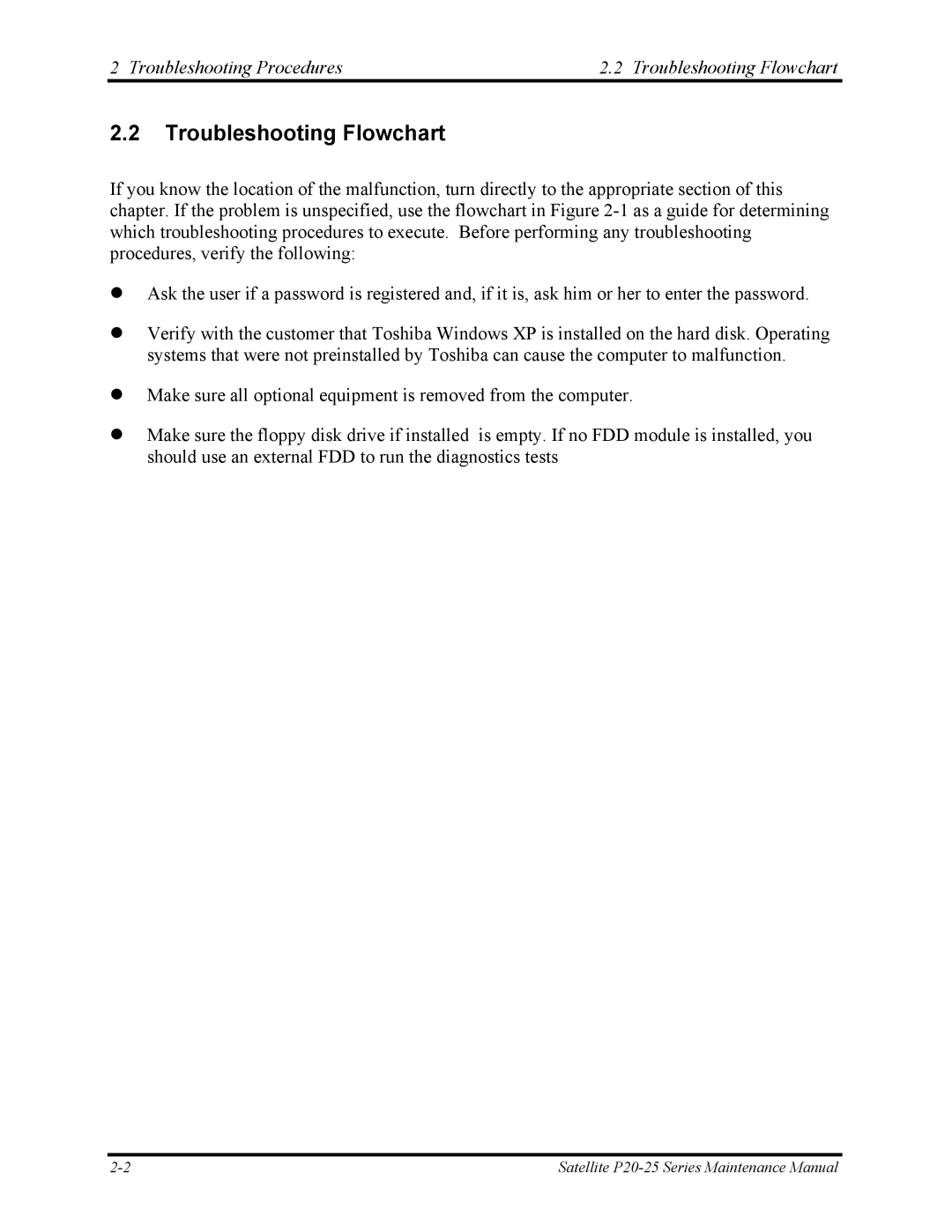 Toshiba P25 manual Troubleshooting Procedures Troubleshooting Flowchart 