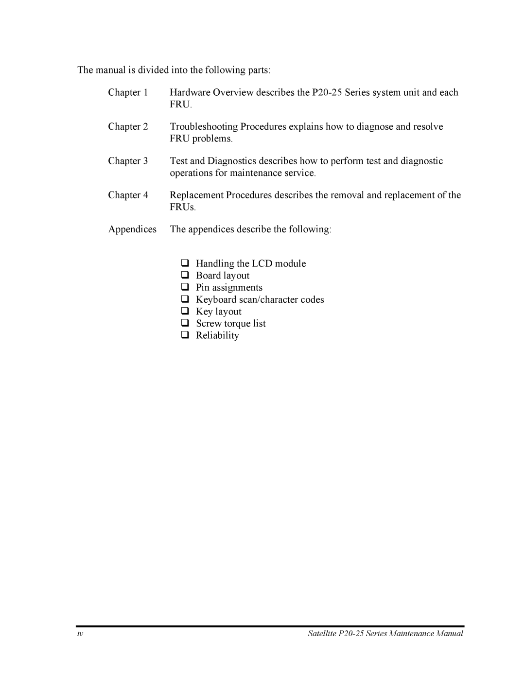 Toshiba P25 manual Satellite P20-25 Series Maintenance Manual 