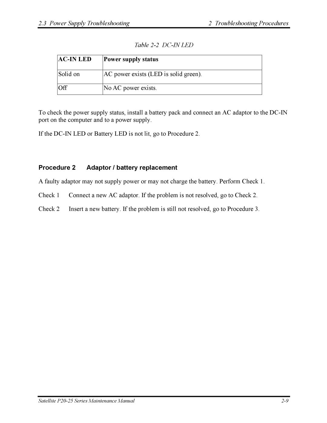 Toshiba P25 manual Ac-In Led, Procedure 2 Adaptor / battery replacement 