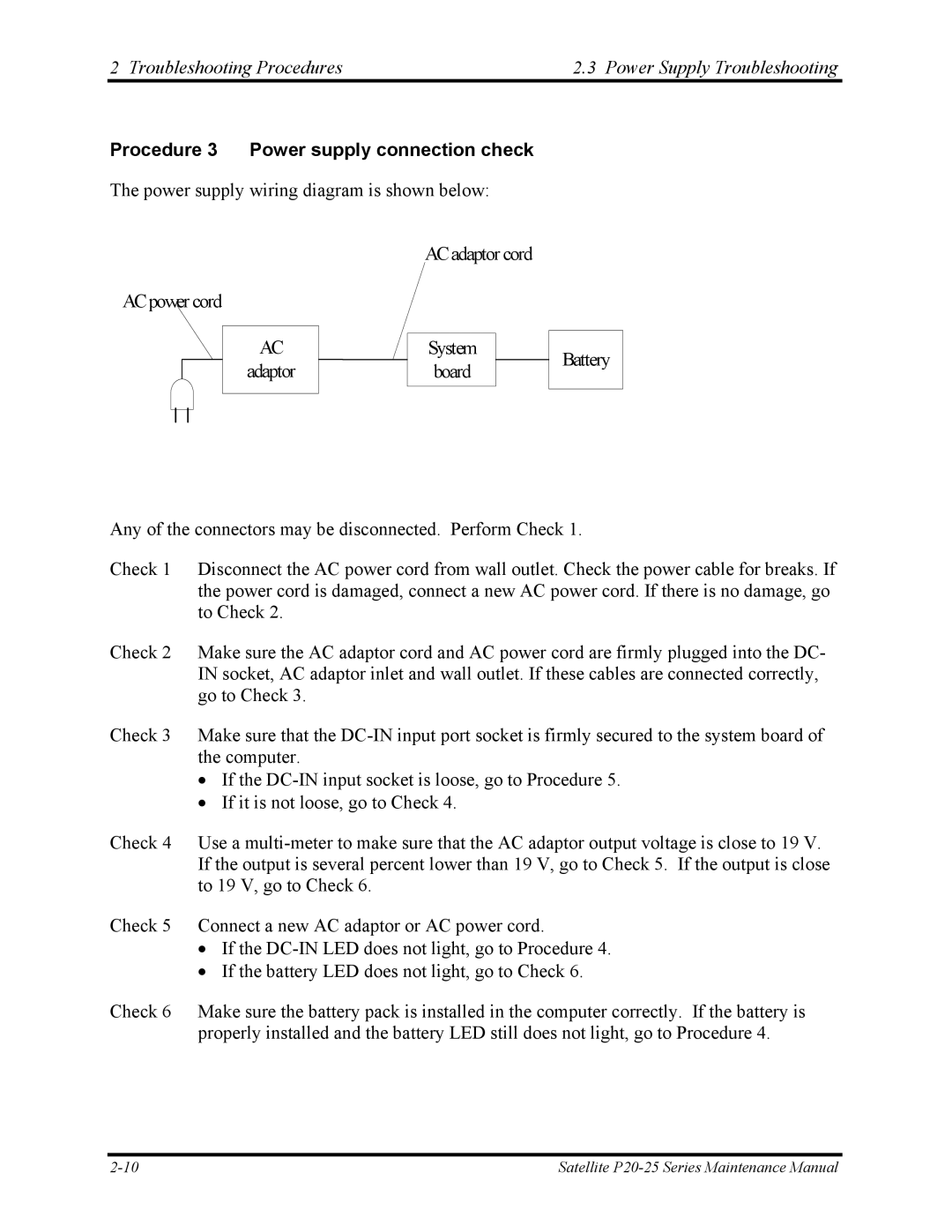 Toshiba P25 manual Battery, Procedure 3 Power supply connection check 