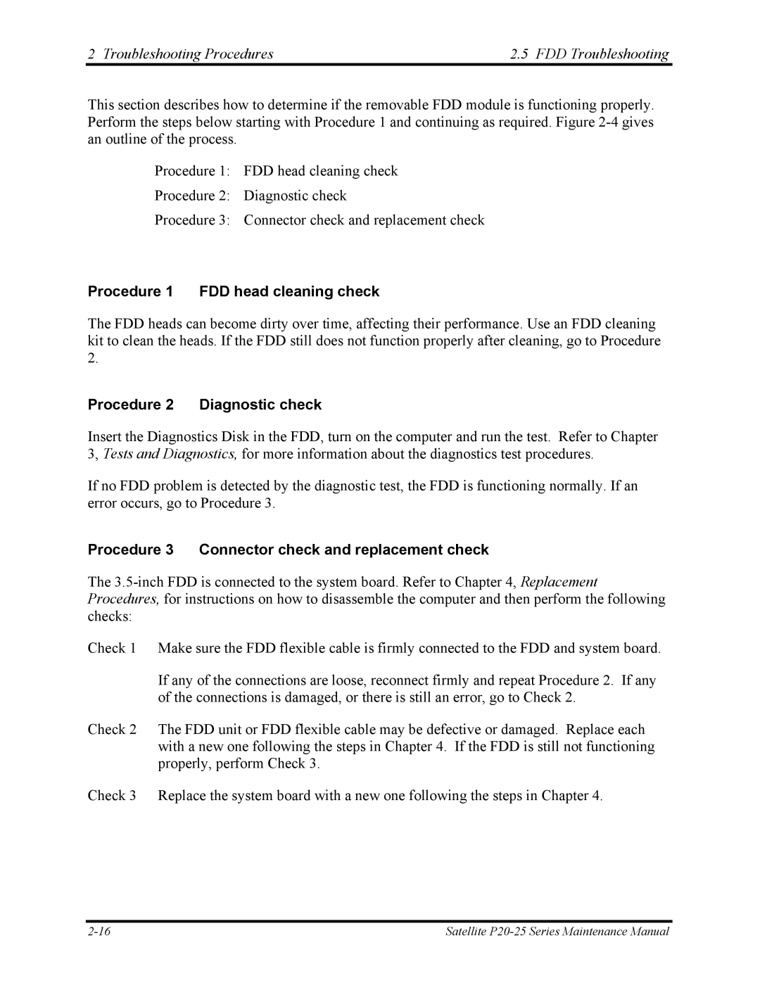 Toshiba P25 manual Troubleshooting Procedures FDD Troubleshooting, Procedure 1 FDD head cleaning check 