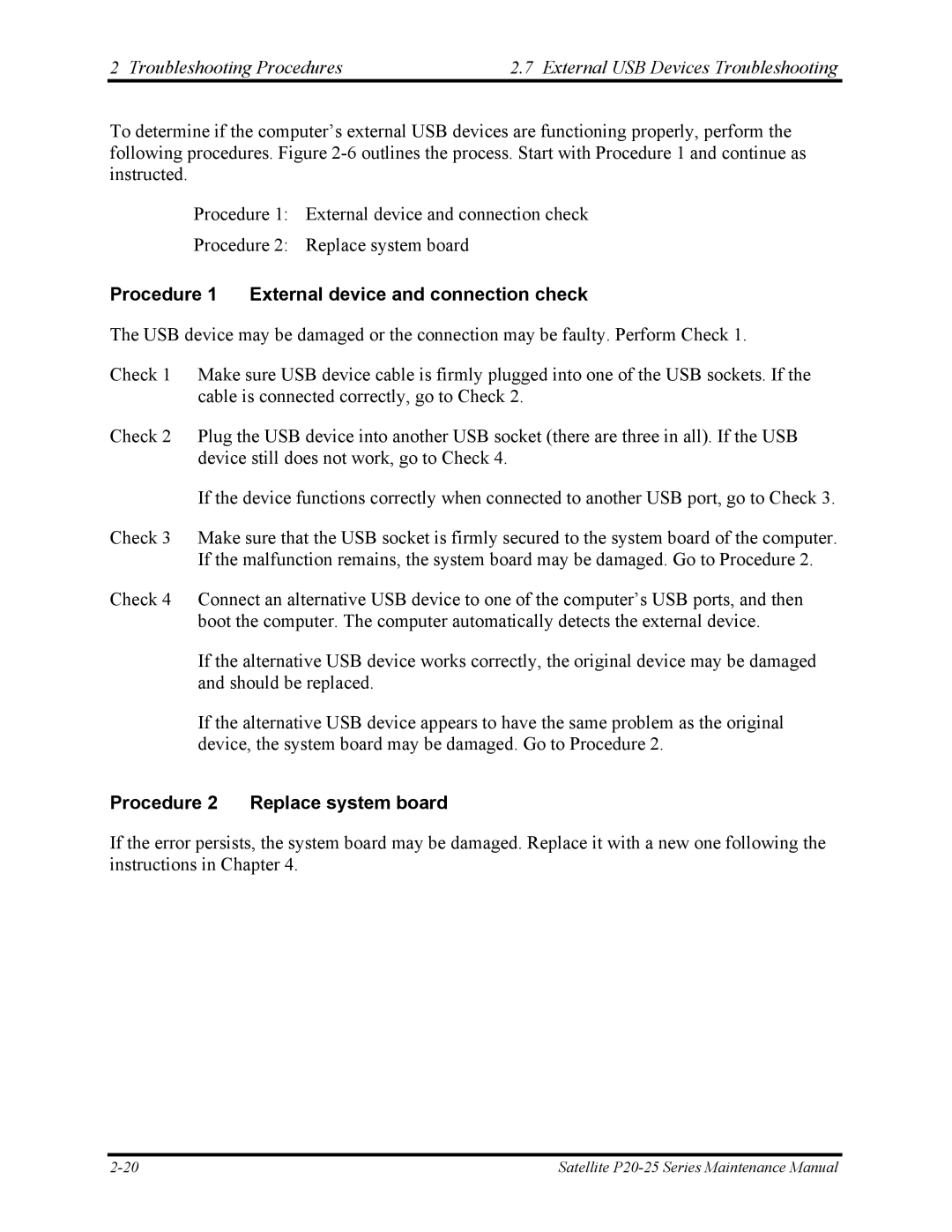 Toshiba P25 manual Procedure 1 External device and connection check, Procedure 2 Replace system board 