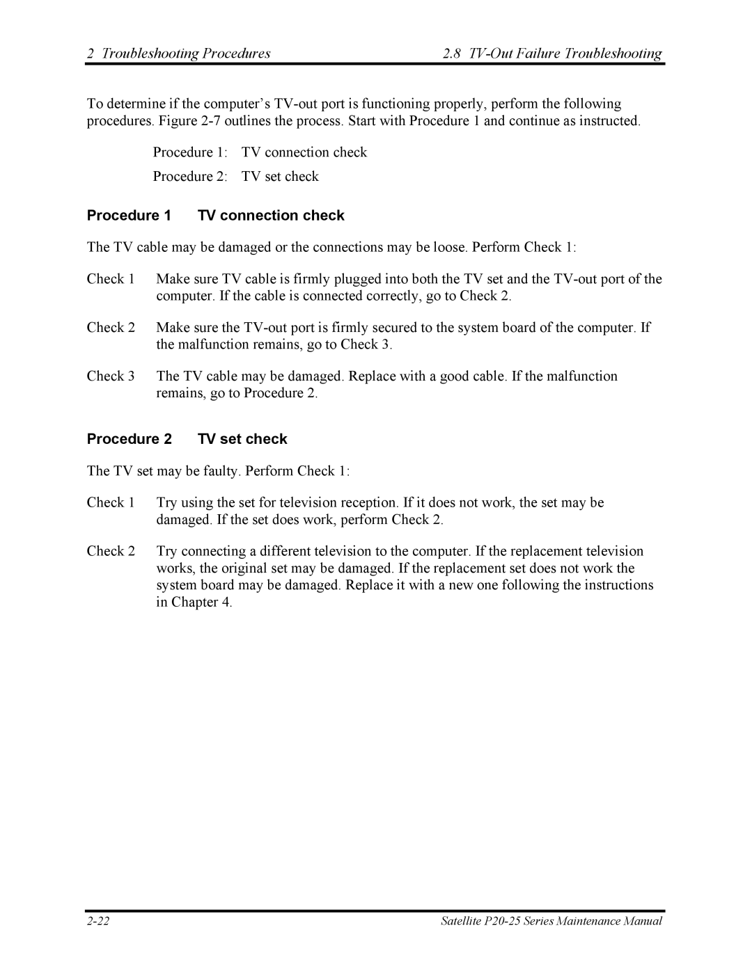 Toshiba P25 manual Troubleshooting Procedures TV-Out Failure Troubleshooting, Procedure 1 TV connection check 