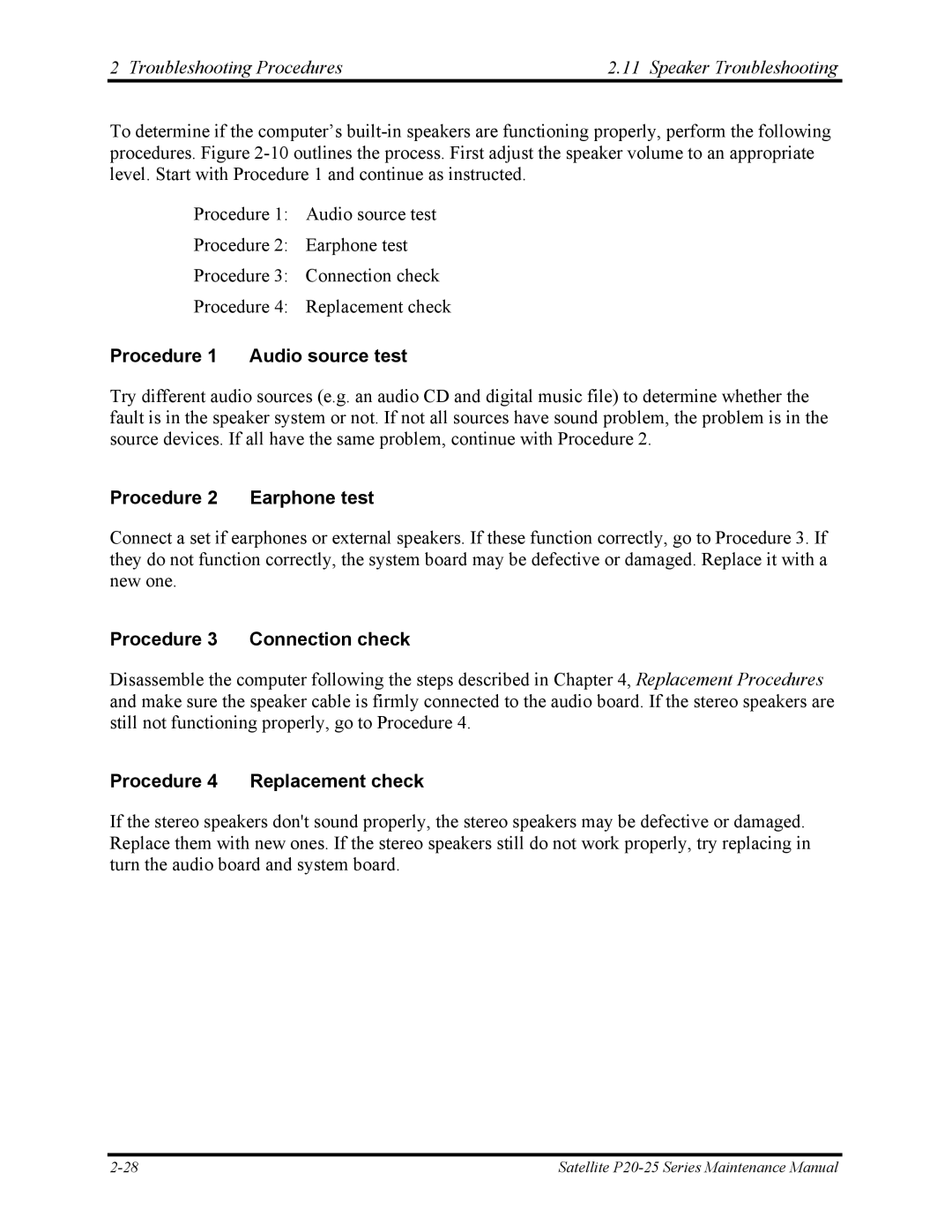 Toshiba P25 Troubleshooting Procedures Speaker Troubleshooting, Procedure 1 Audio source test, Procedure 2 Earphone test 