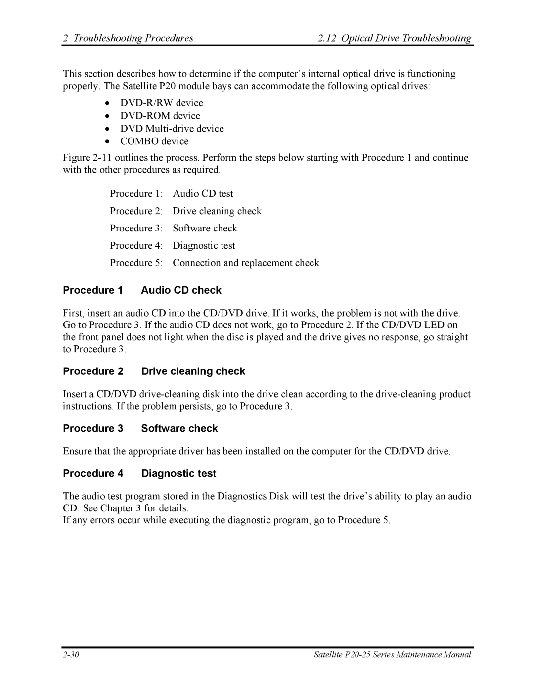 Toshiba P25 manual Troubleshooting Procedures Optical Drive Troubleshooting, Procedure 1 Audio CD check 