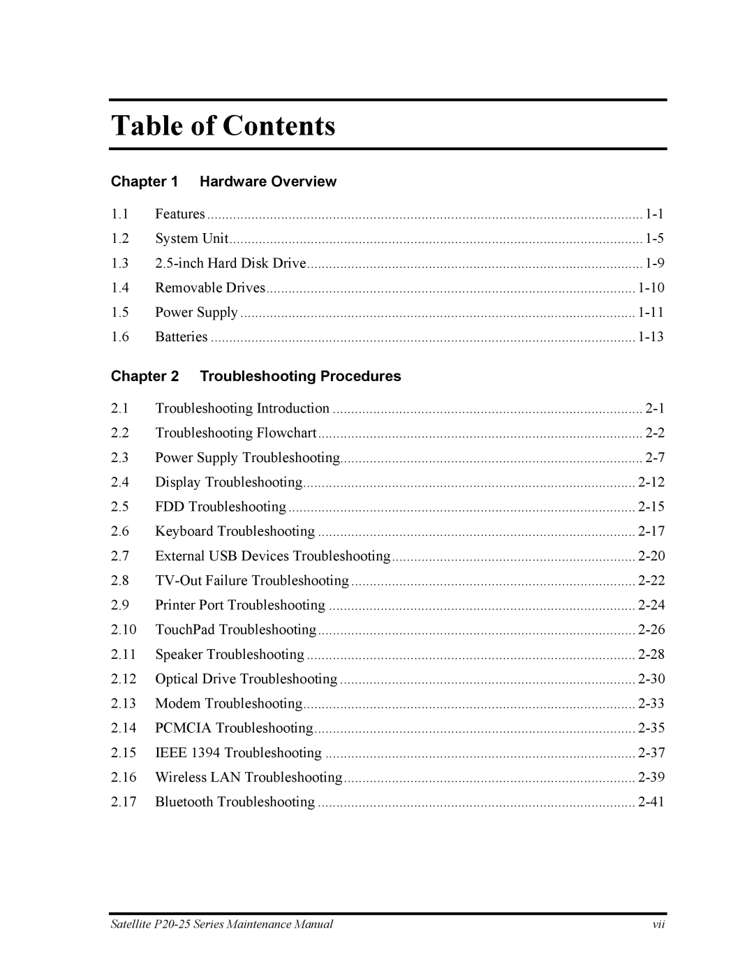 Toshiba P25 manual Table of Contents 