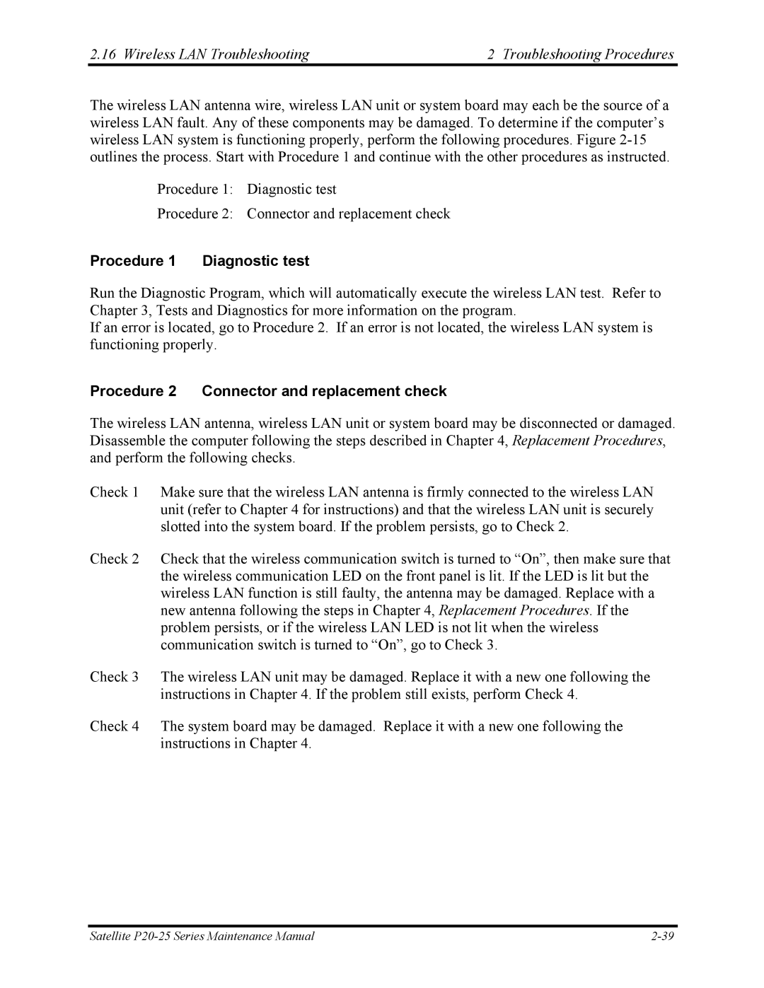 Toshiba P25 manual Wireless LAN Troubleshooting Troubleshooting Procedures, Procedure 2 Connector and replacement check 
