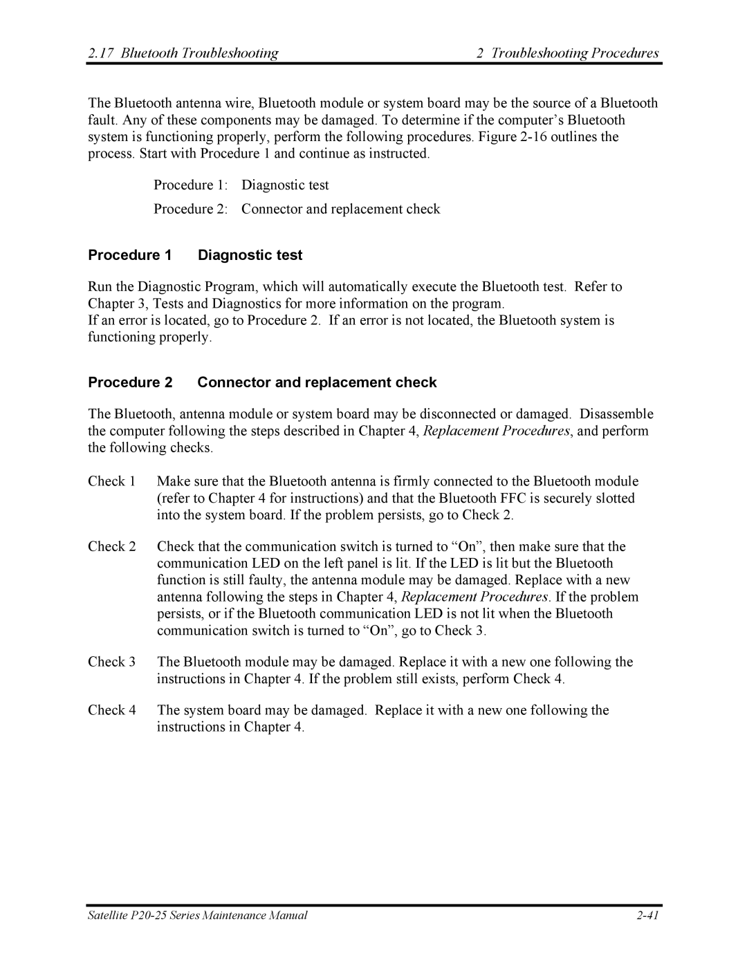 Toshiba P25 manual Bluetooth Troubleshooting Troubleshooting Procedures 