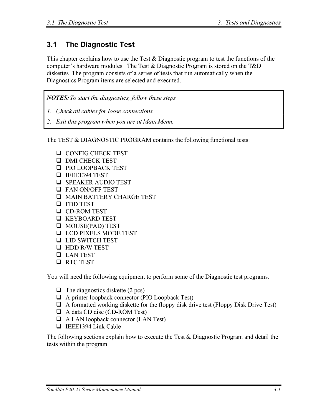 Toshiba P25 manual Diagnostic Test Tests and Diagnostics 