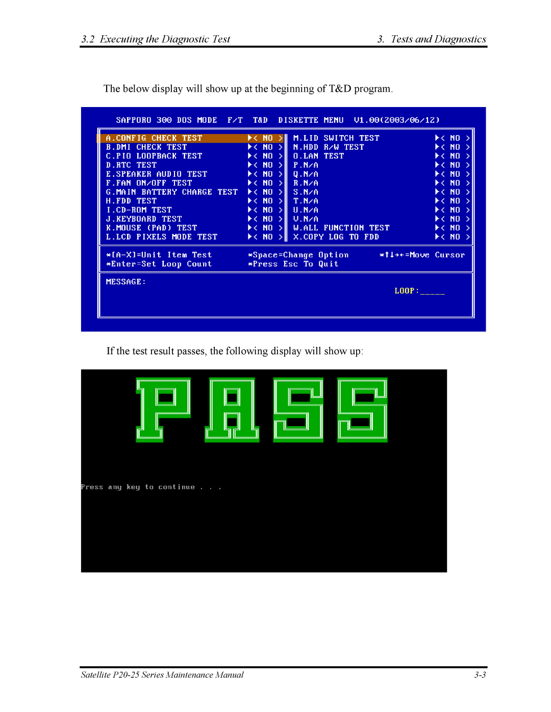 Toshiba P25 manual Executing the Diagnostic Test3. Tests and Diagnostics 