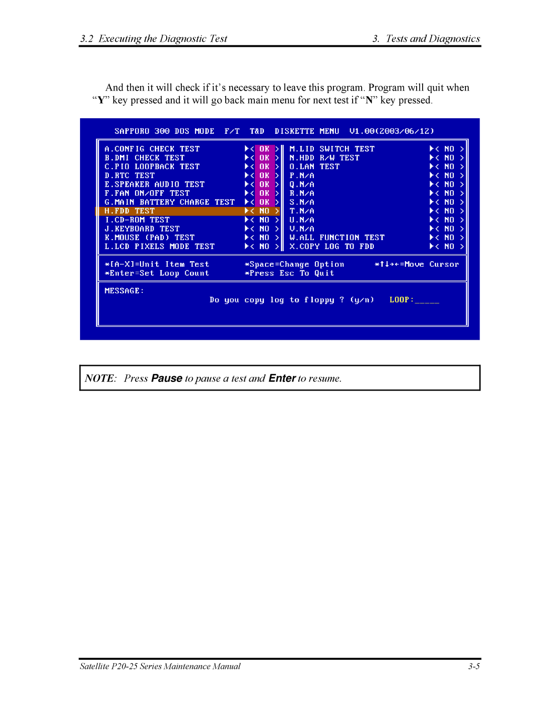 Toshiba P25 manual Executing the Diagnostic Test Tests and Diagnostics 