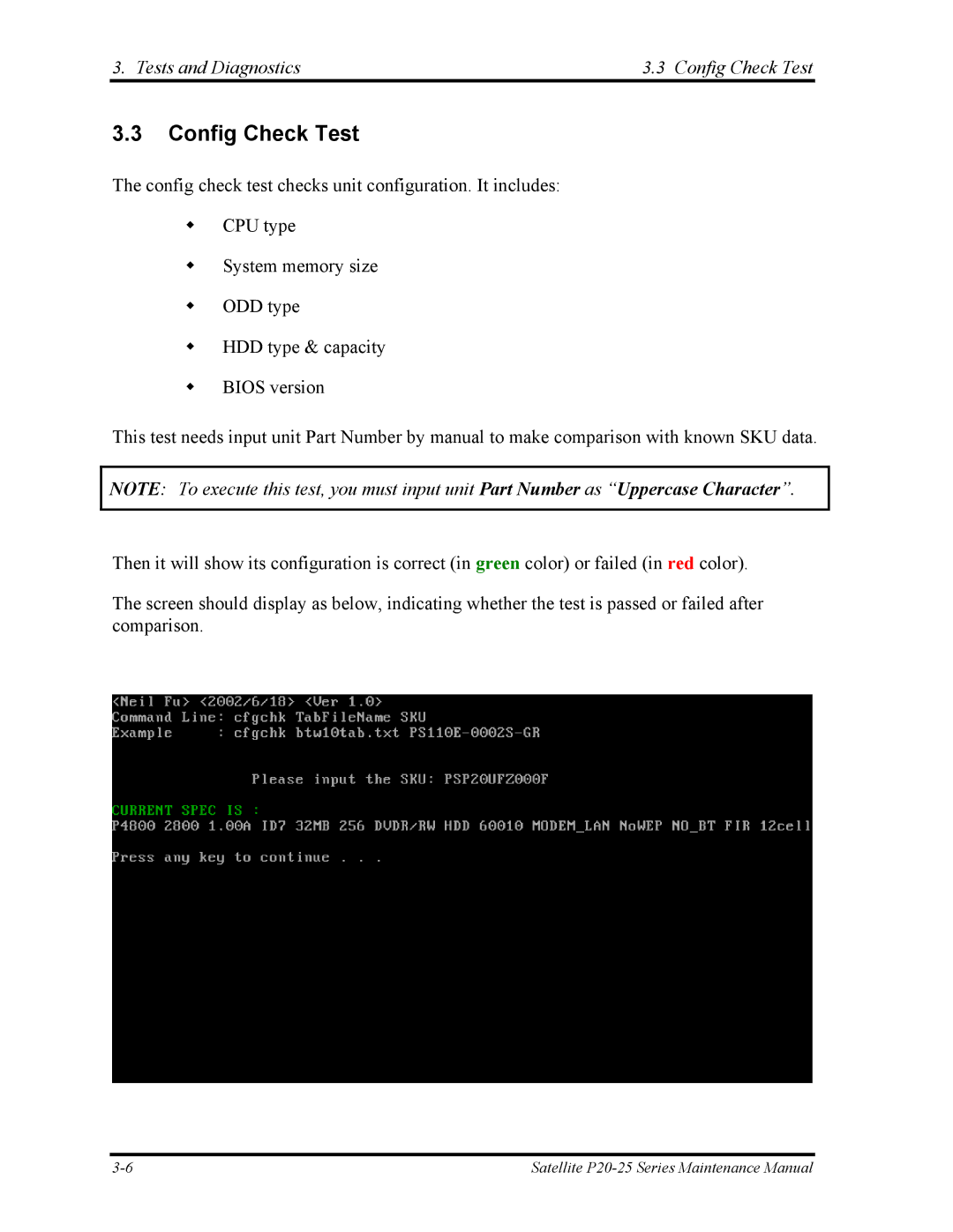 Toshiba P25 manual Tests and Diagnostics Config Check Test 