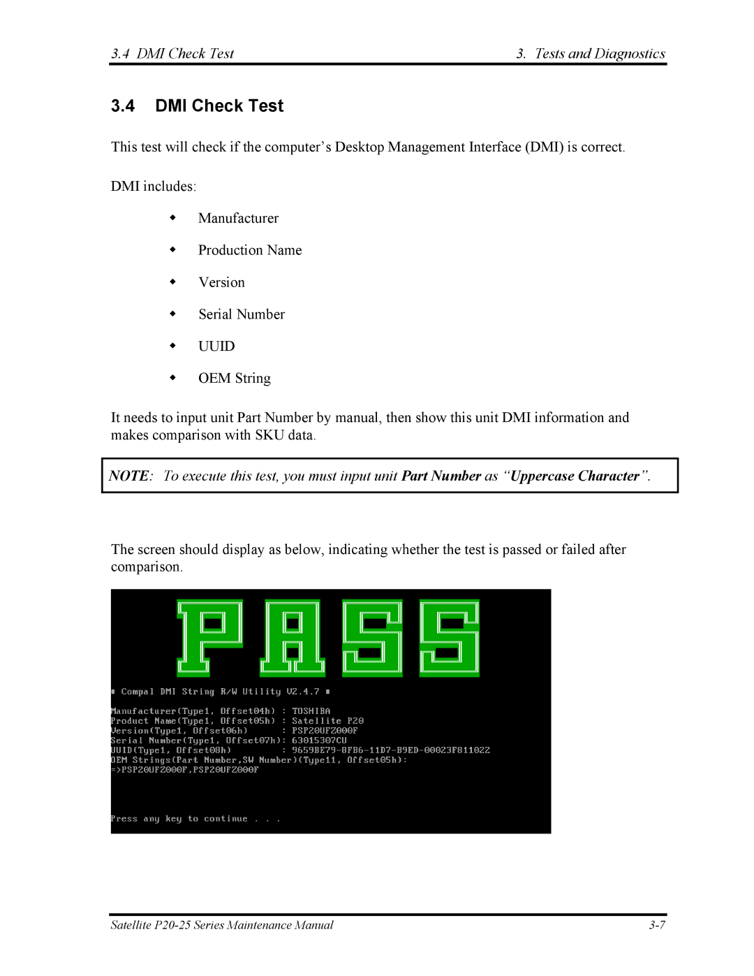 Toshiba P25 manual DMI Check Test Tests and Diagnostics 