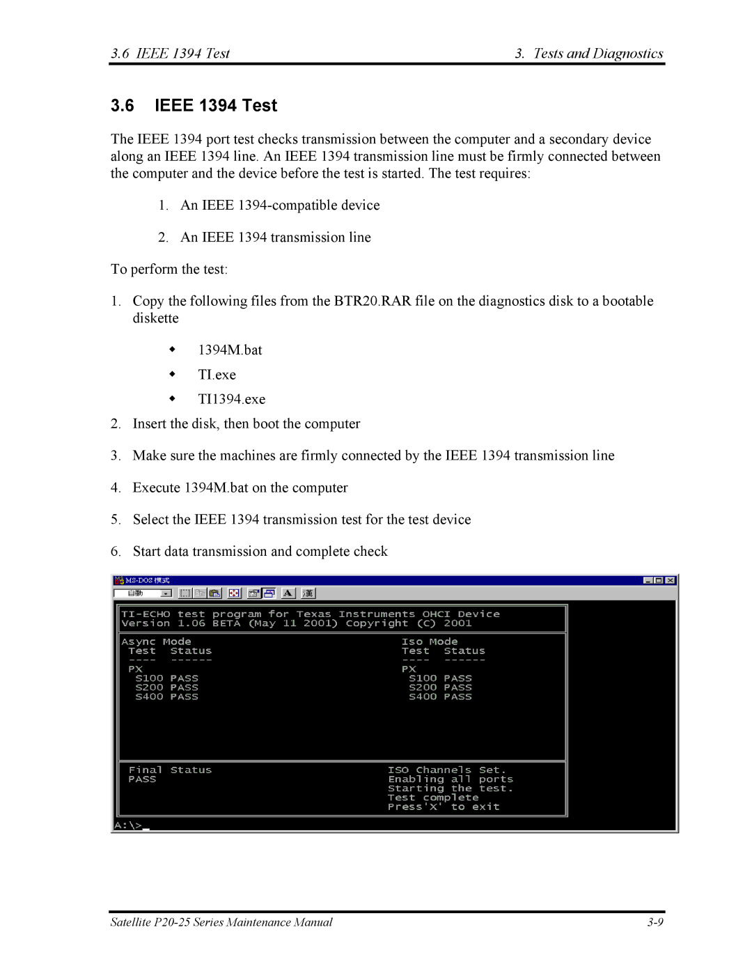 Toshiba P25 manual Ieee 1394 Test Tests and Diagnostics 