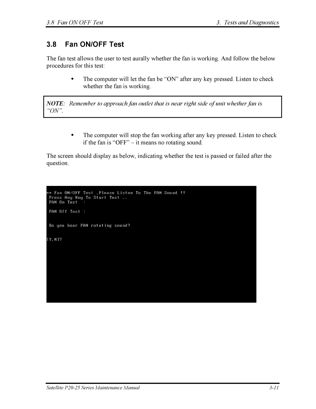 Toshiba P25 manual Fan ON/OFF Test Tests and Diagnostics 