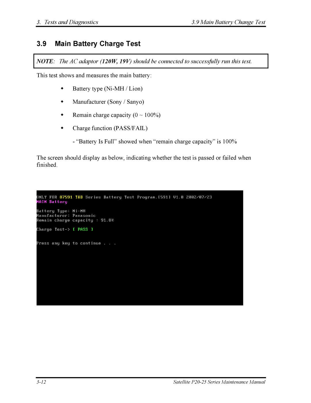 Toshiba P25 manual Main Battery Charge Test, Tests and Diagnostics Main Battery Change Test 