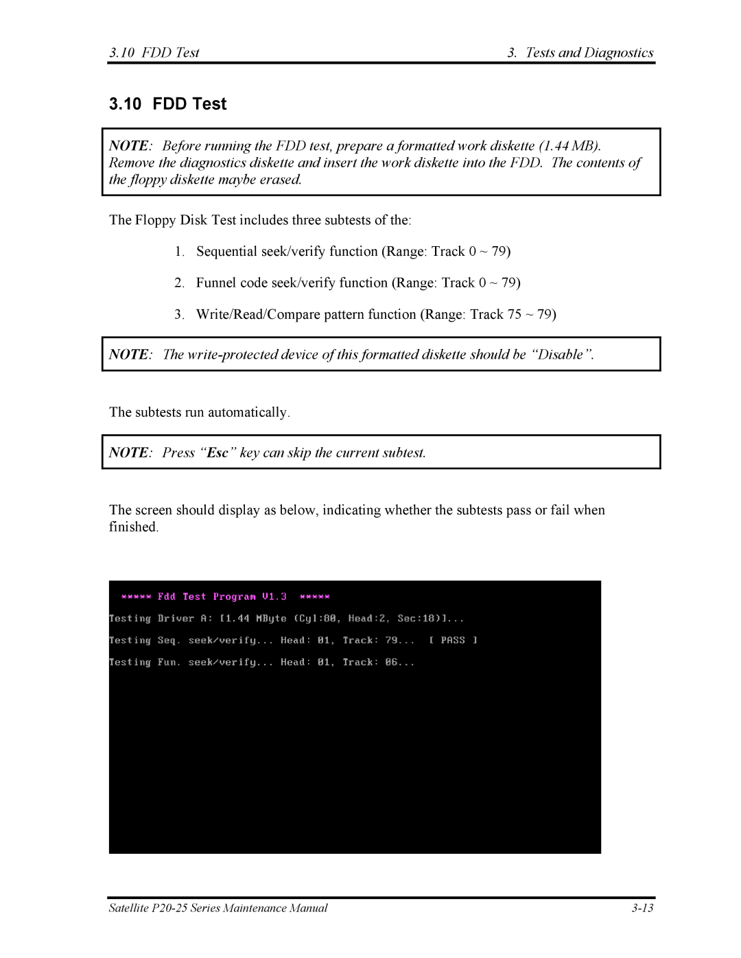 Toshiba P25 manual FDD Test Tests and Diagnostics 