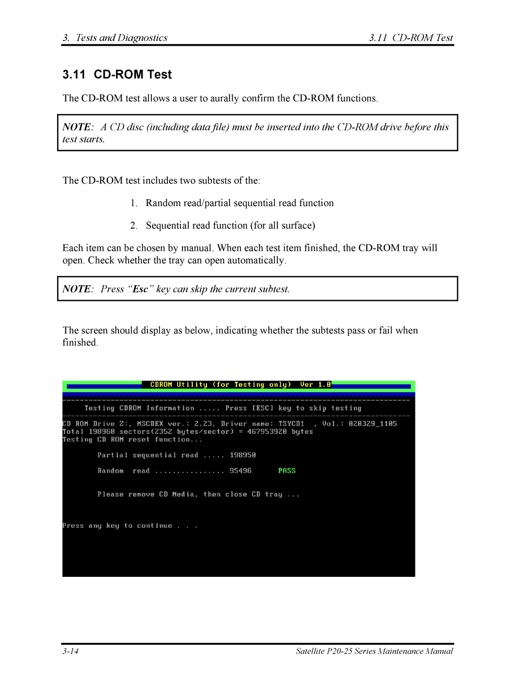 Toshiba P25 manual Tests and Diagnostics CD-ROM Test 