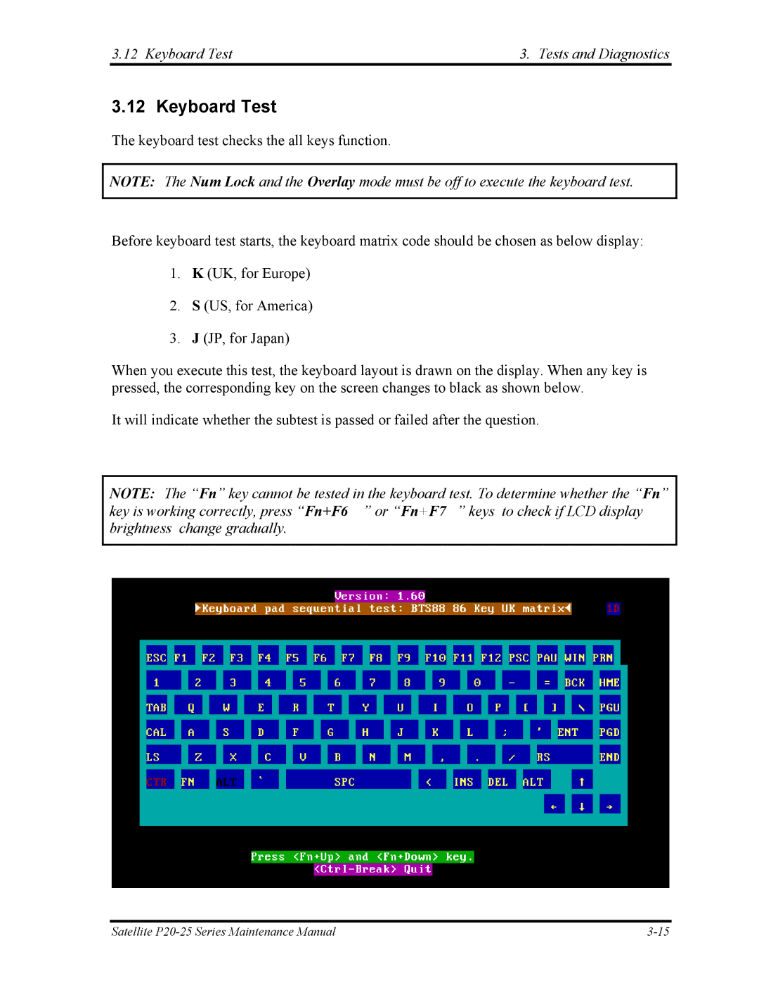 Toshiba P25 manual Keyboard Test Tests and Diagnostics 