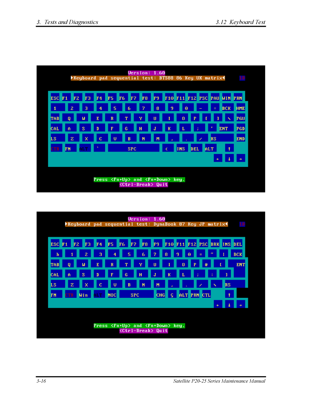 Toshiba P25 manual Tests and Diagnostics Keyboard Test 