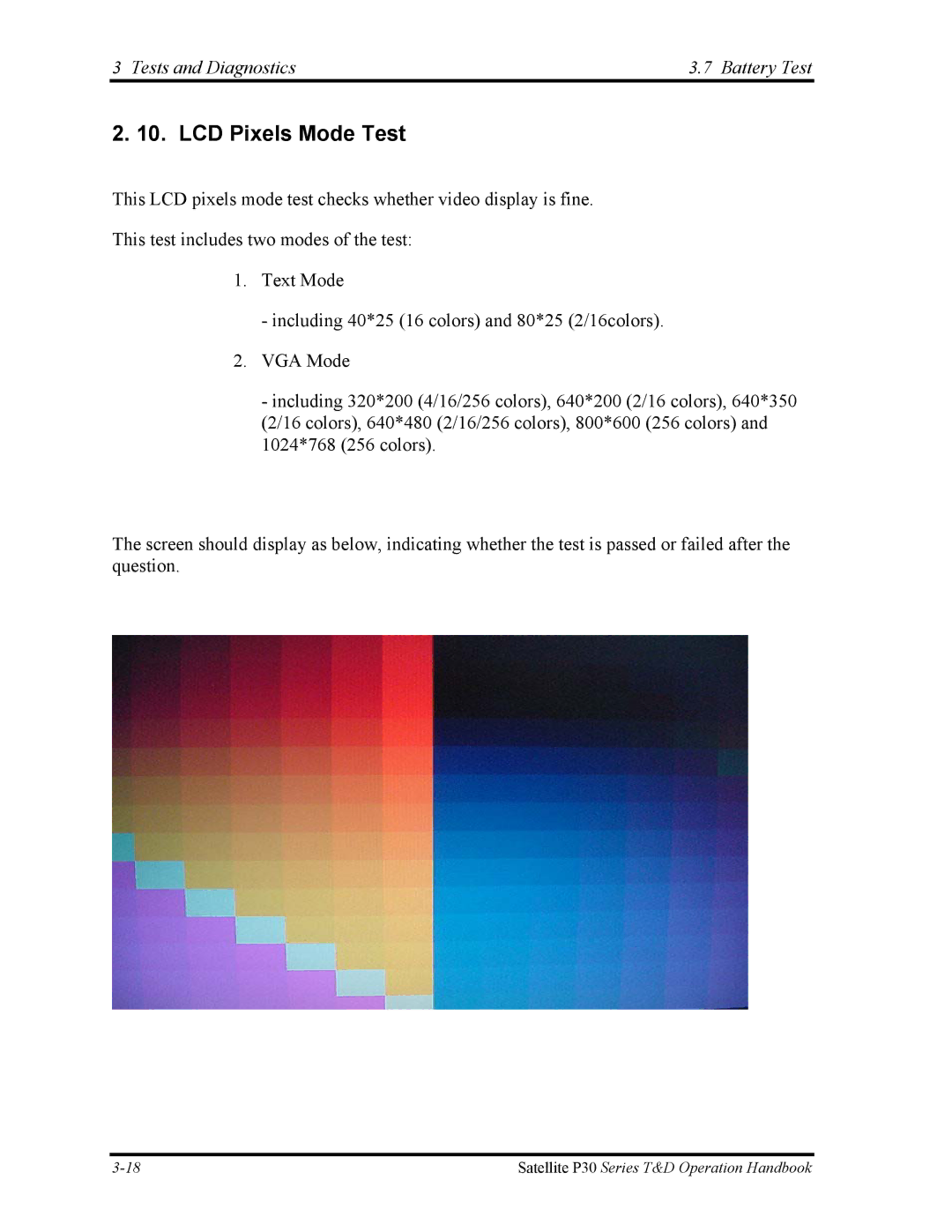 Toshiba P30 manual LCD Pixels Mode Test, Tests and Diagnostics Battery Test 