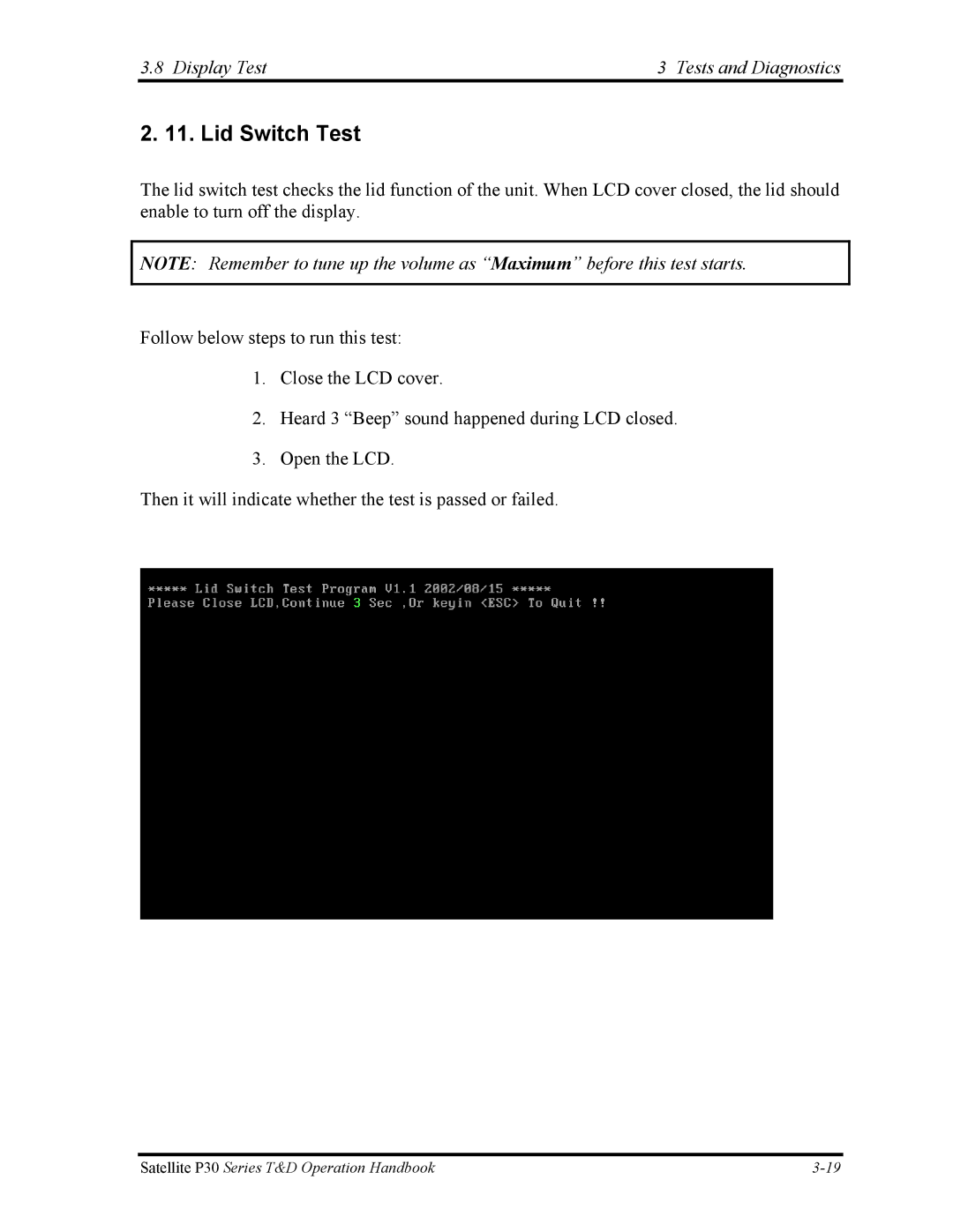 Toshiba P30 manual Lid Switch Test, Display Test Tests and Diagnostics 