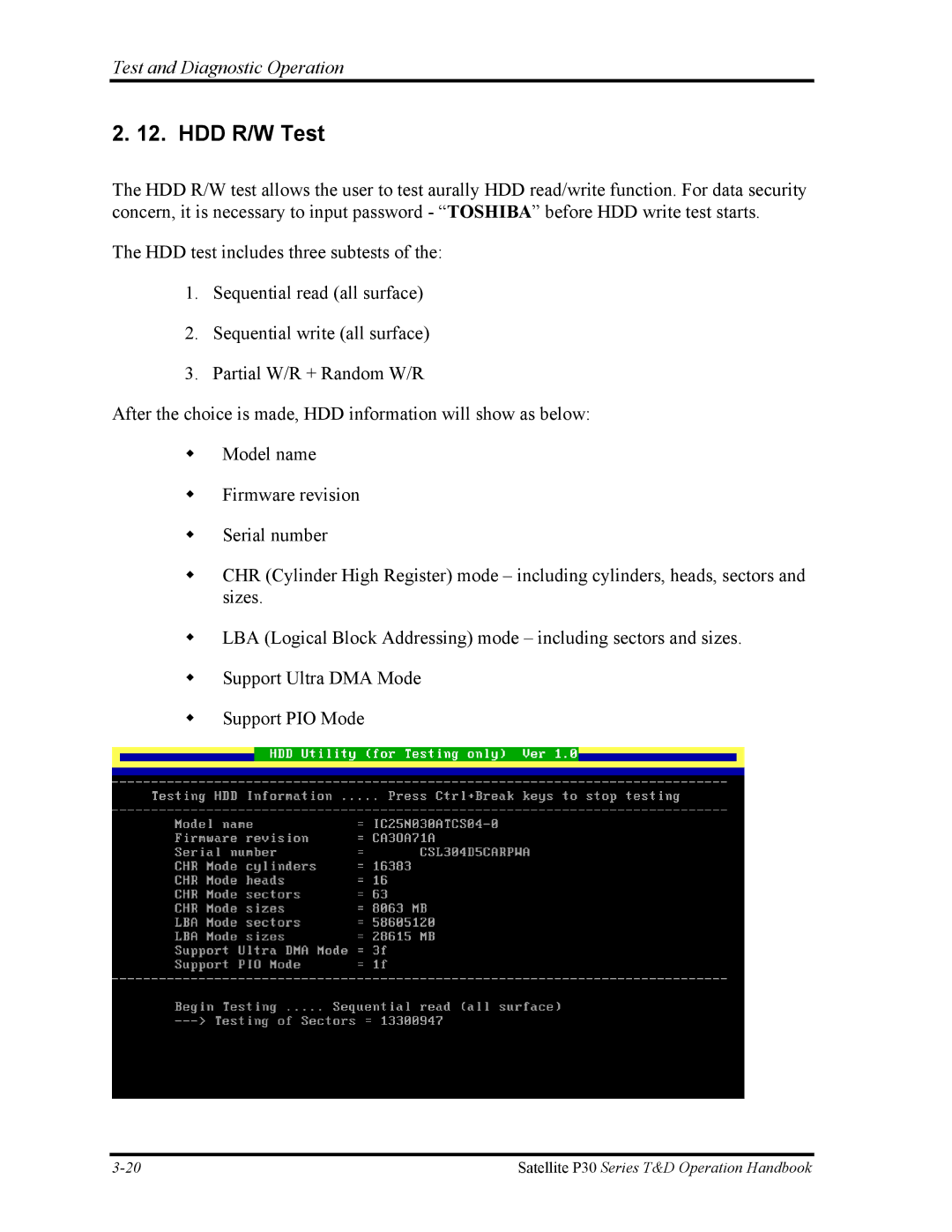 Toshiba P30 manual HDD R/W Test, Test and Diagnostic Operation 