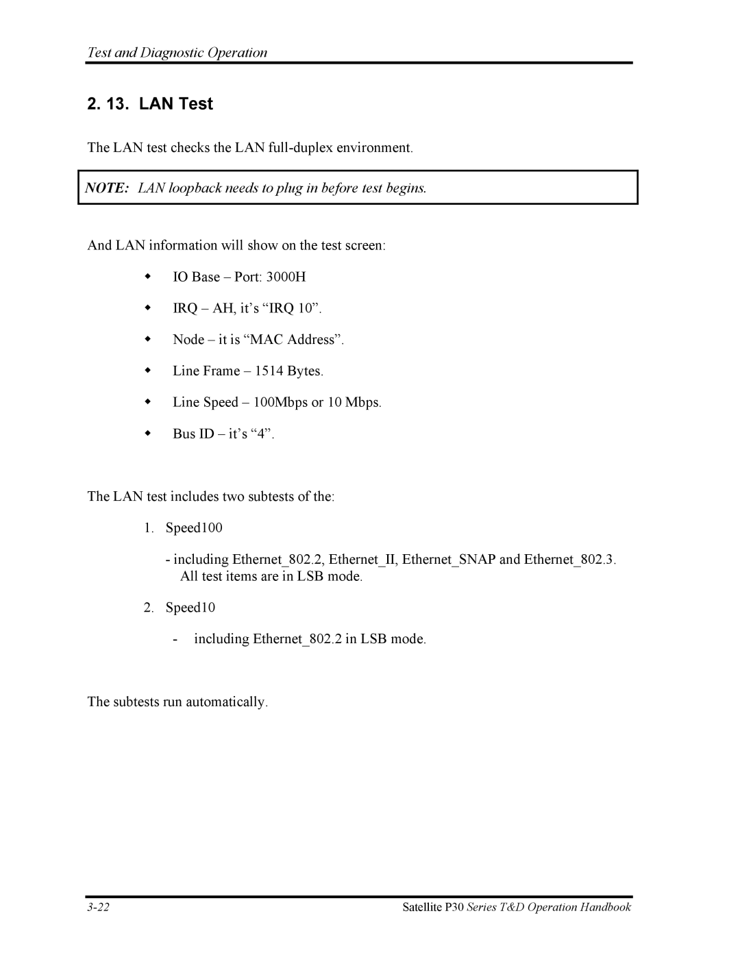 Toshiba P30 manual LAN Test 