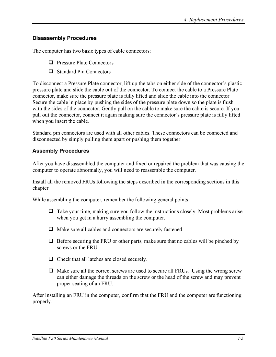 Toshiba P30 manual Disassembly Procedures, Assembly Procedures 