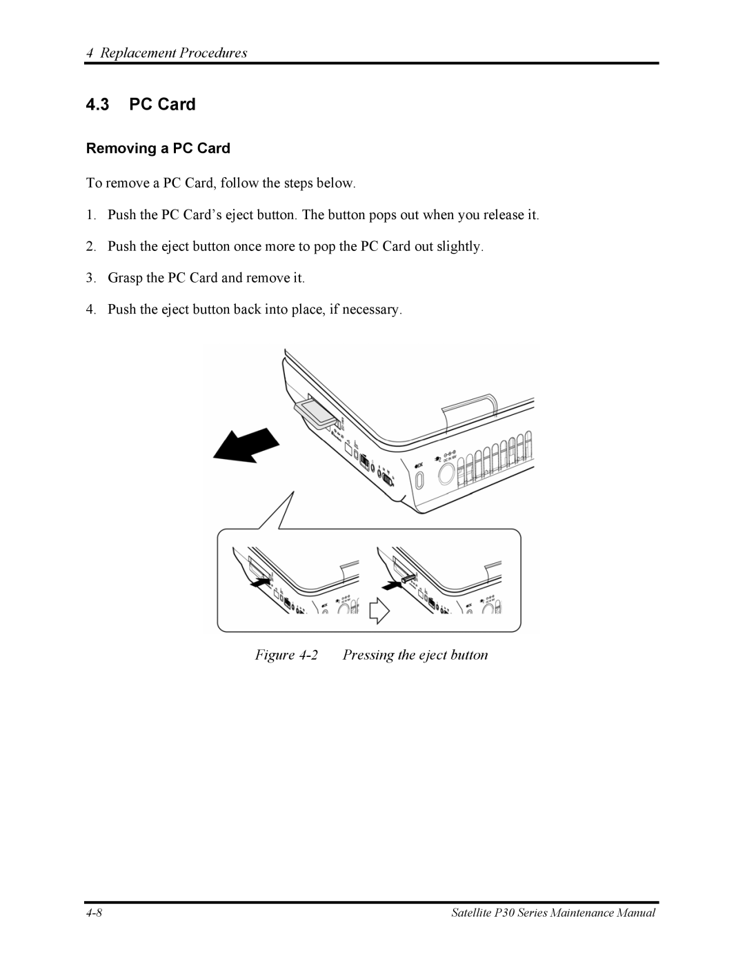 Toshiba P30 manual Removing a PC Card 