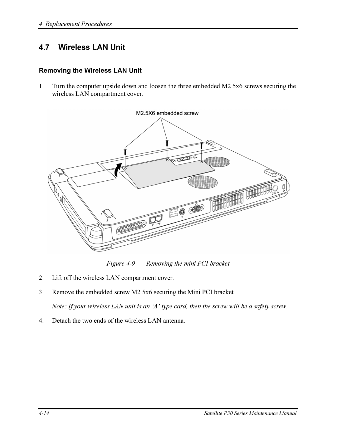 Toshiba P30 manual Removing the Wireless LAN Unit 