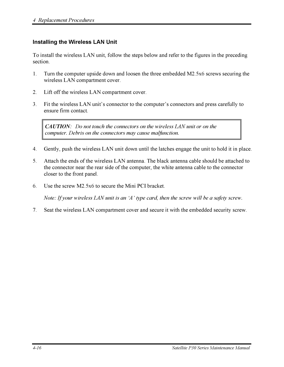 Toshiba P30 manual Installing the Wireless LAN Unit 