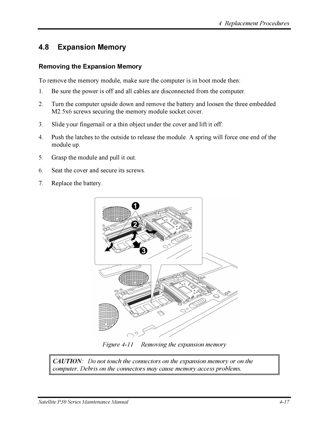 Toshiba P30 manual Removing the Expansion Memory 