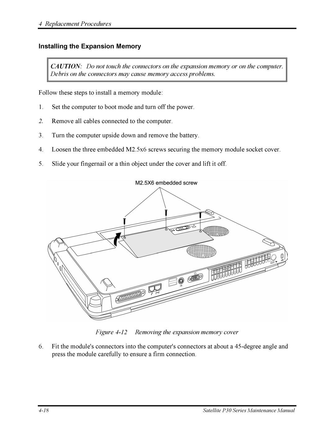 Toshiba P30 manual Installing the Expansion Memory, Removing the expansion memory cover 