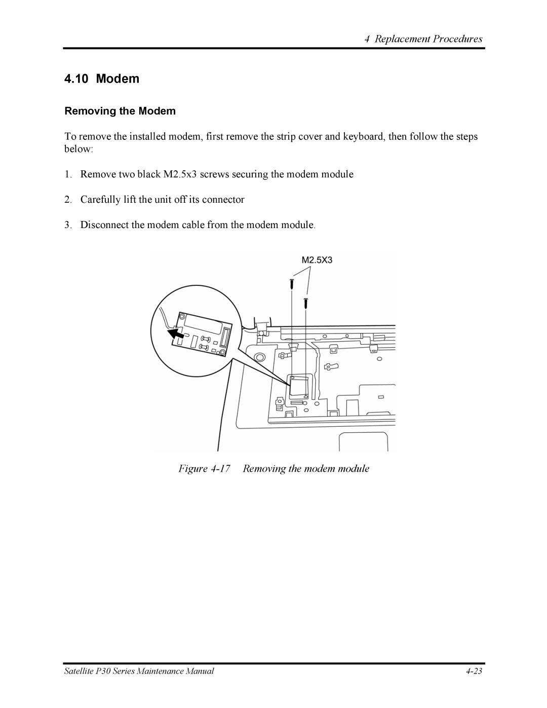 Toshiba P30 manual Removing the Modem 