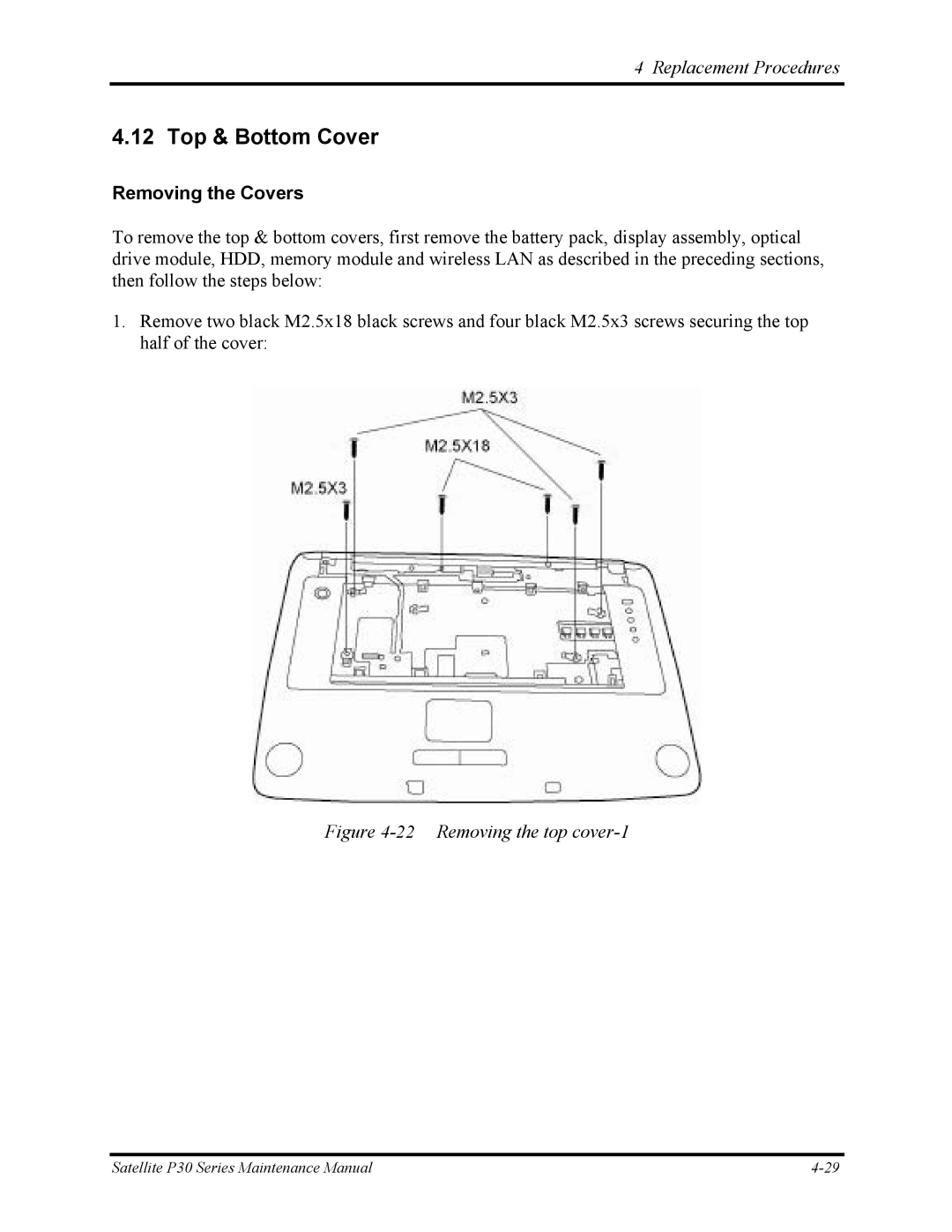 Toshiba P30 manual Top & Bottom Cover, Removing the Covers 