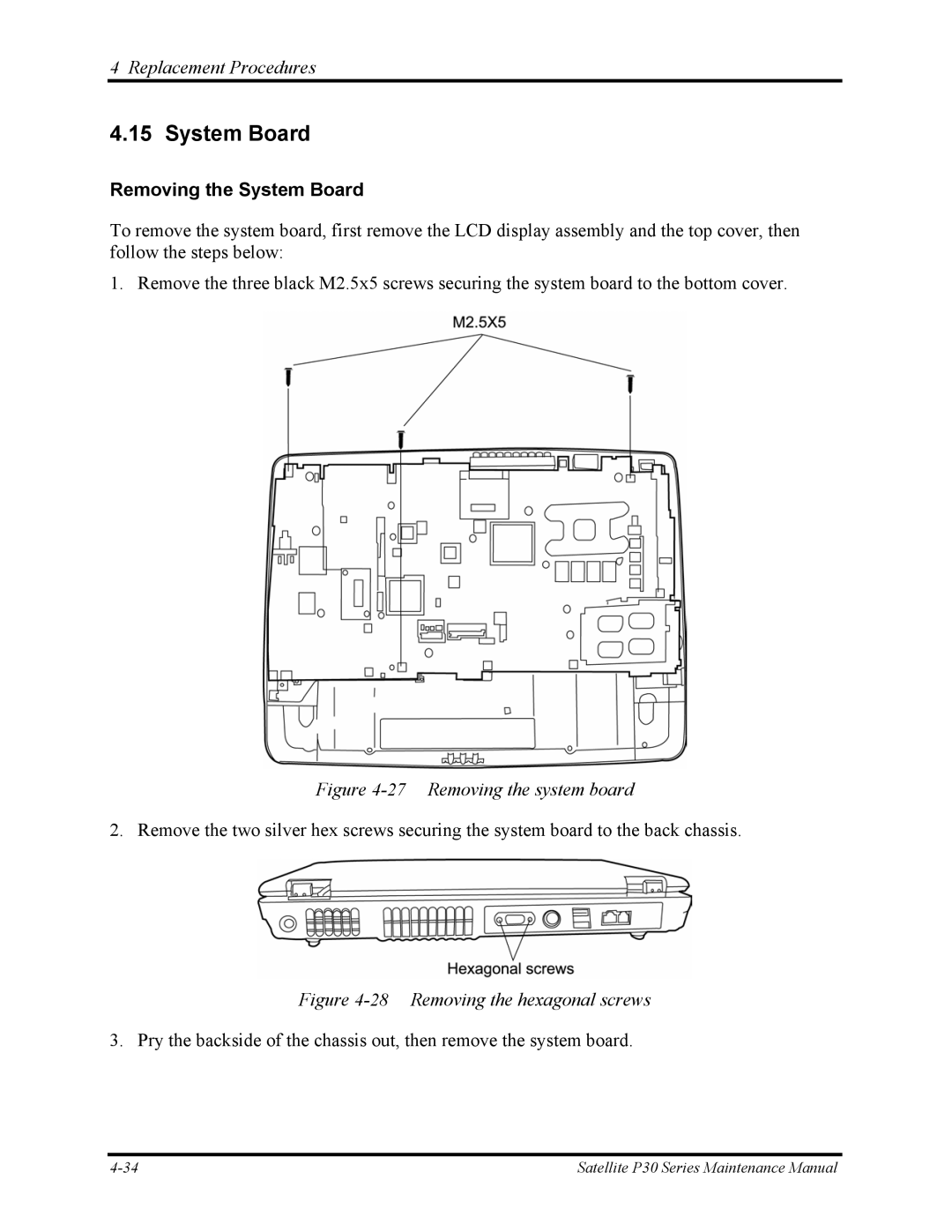 Toshiba P30 manual Removing the System Board 