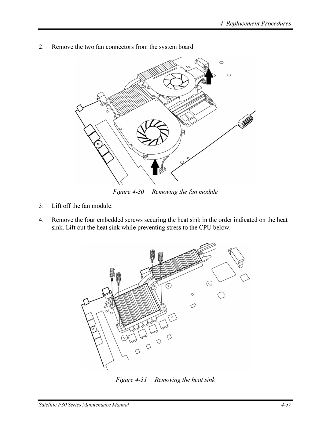 Toshiba P30 manual Removing the fan module 