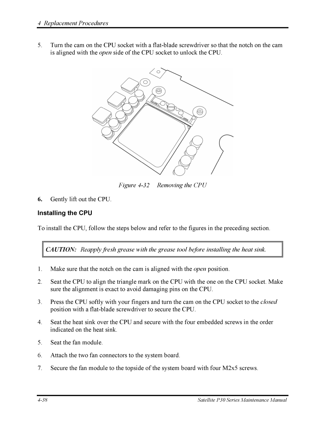 Toshiba P30 manual Removing the CPU, Installing the CPU 