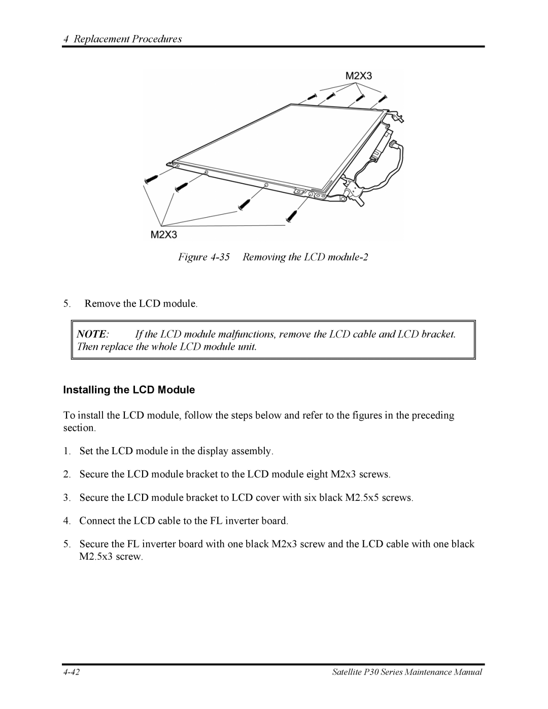 Toshiba P30 manual Removing the LCD module-2, Installing the LCD Module 