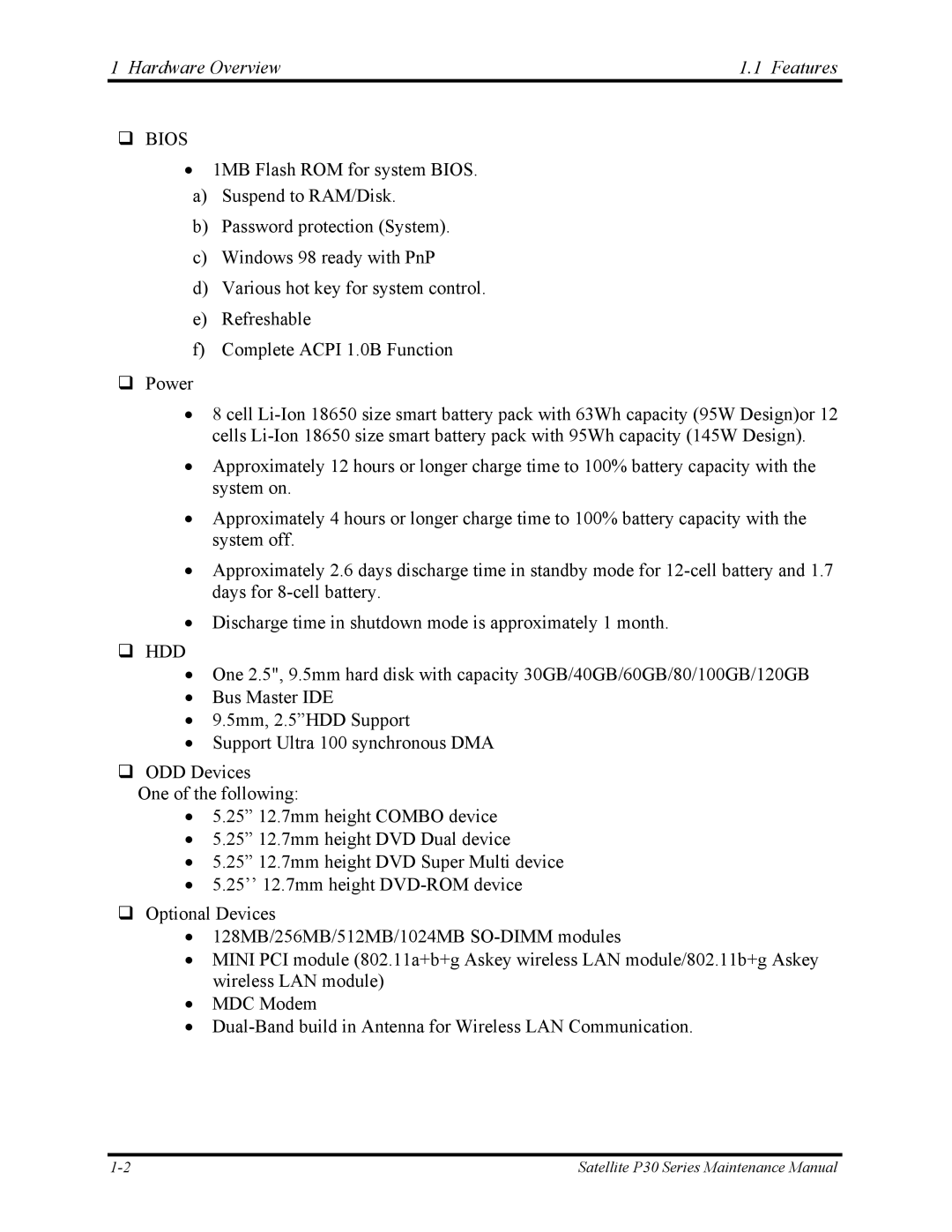 Toshiba P30 manual Hardware Overview Features, ‰ Bios 