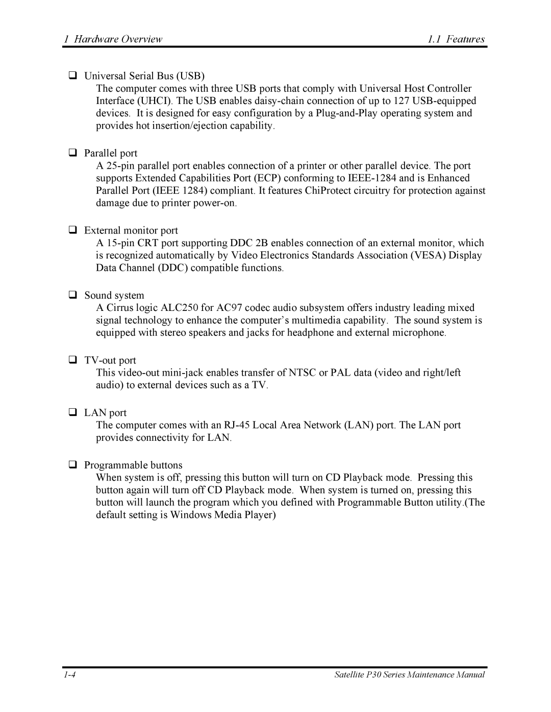 Toshiba P30 manual Hardware Overview Features 