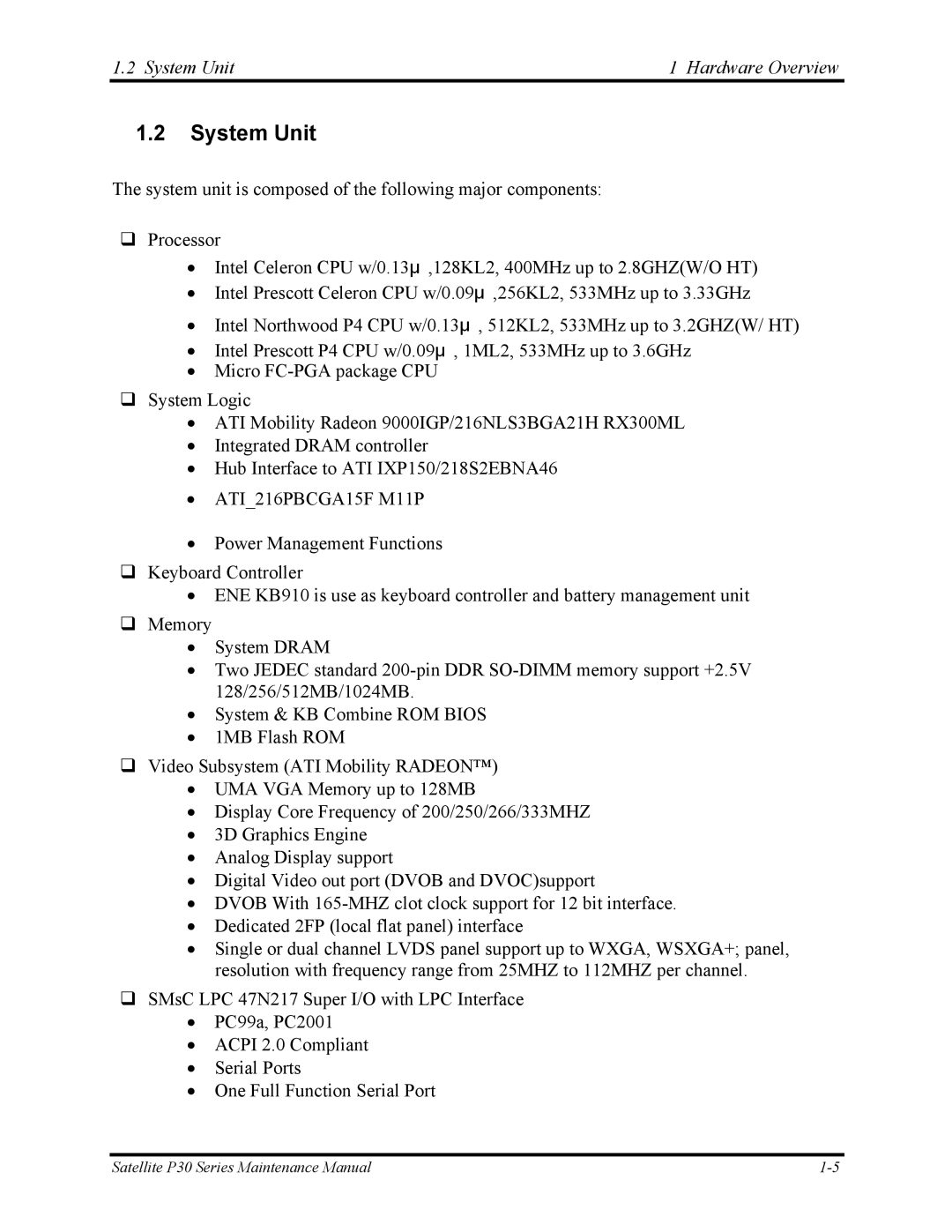 Toshiba P30 manual System Unit Hardware Overview 