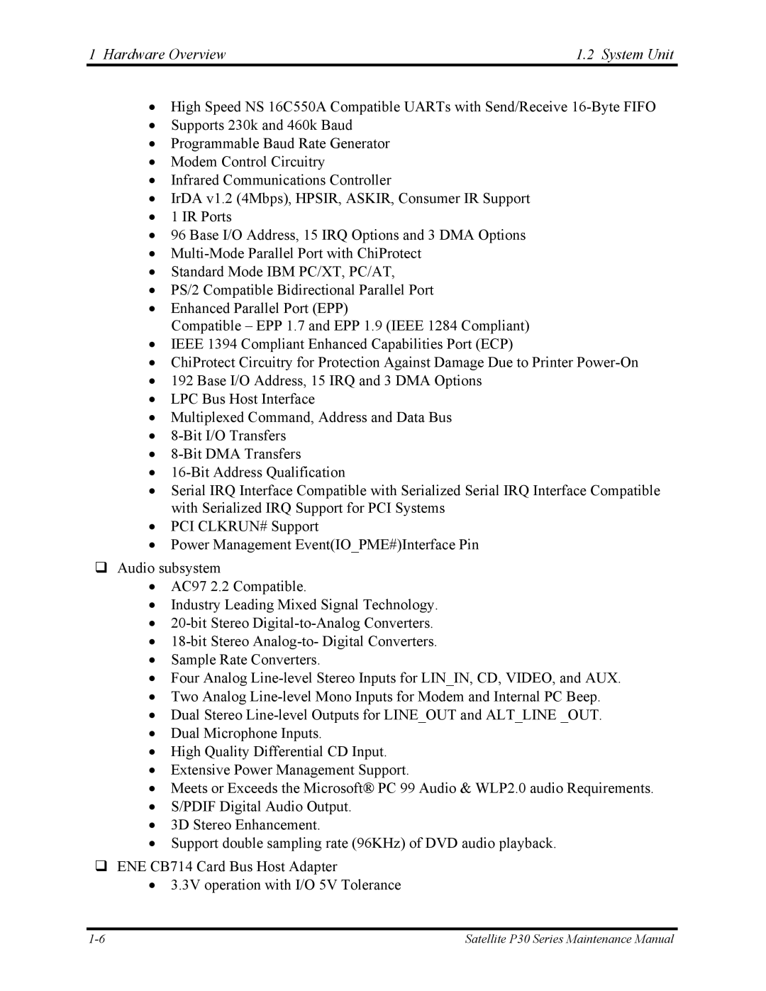 Toshiba P30 manual Hardware Overview System Unit 