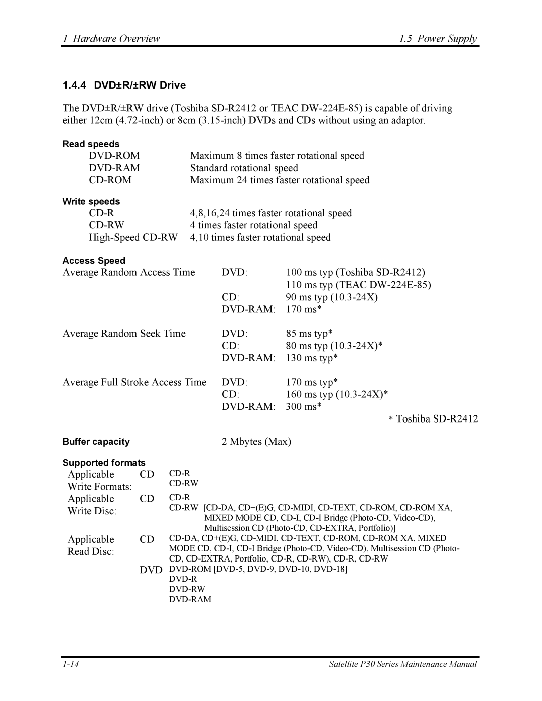 Toshiba P30 manual Hardware Overview Power Supply, 4 DVD±R/±RW Drive 