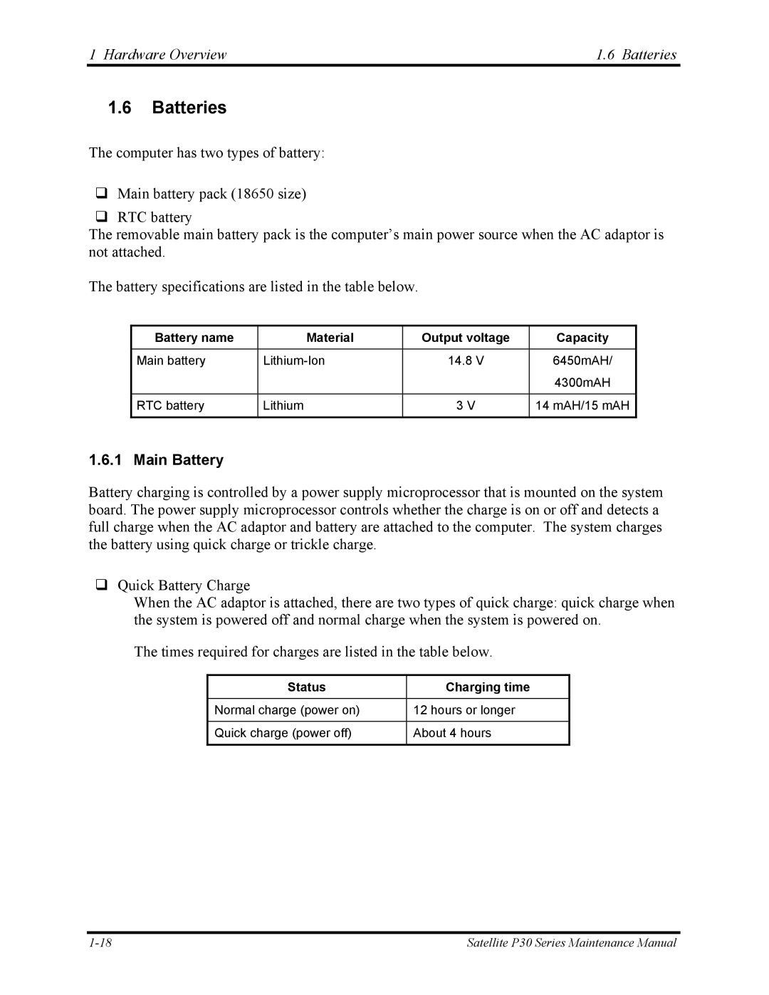 Toshiba P30 manual Hardware Overview Batteries, Main Battery 