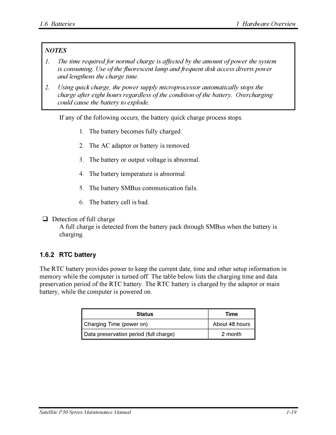 Toshiba P30 manual RTC battery, Status Time 