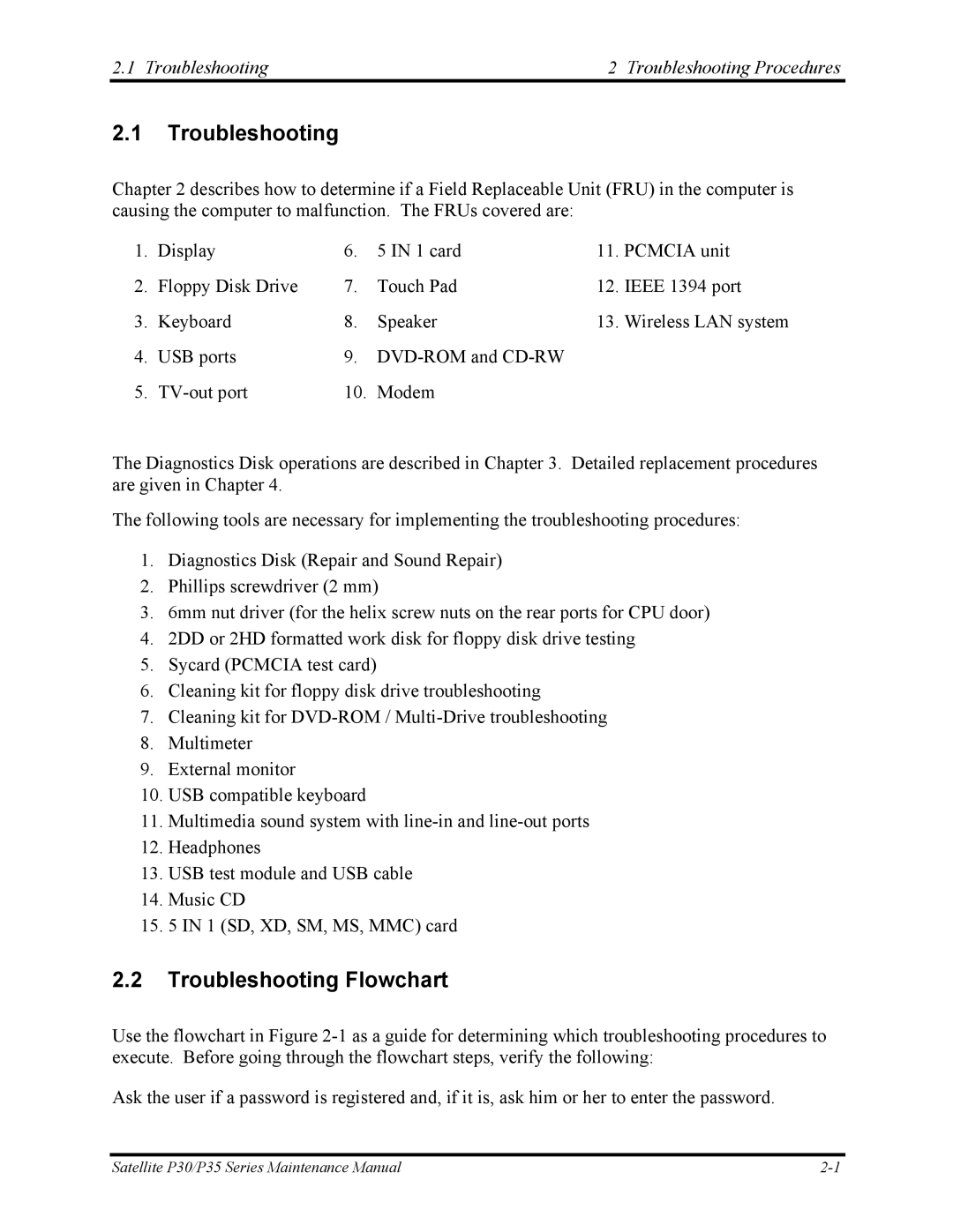 Toshiba P30 manual Troubleshooting Flowchart, Troubleshooting Troubleshooting Procedures 