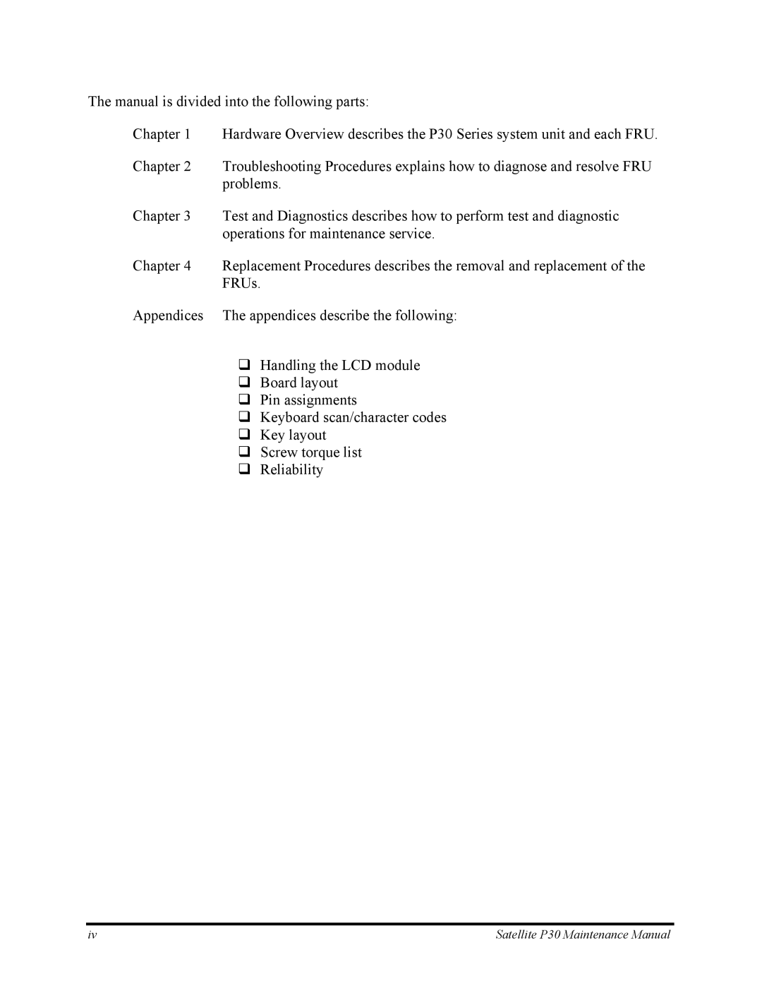 Toshiba manual Satellite P30 Maintenance Manual 