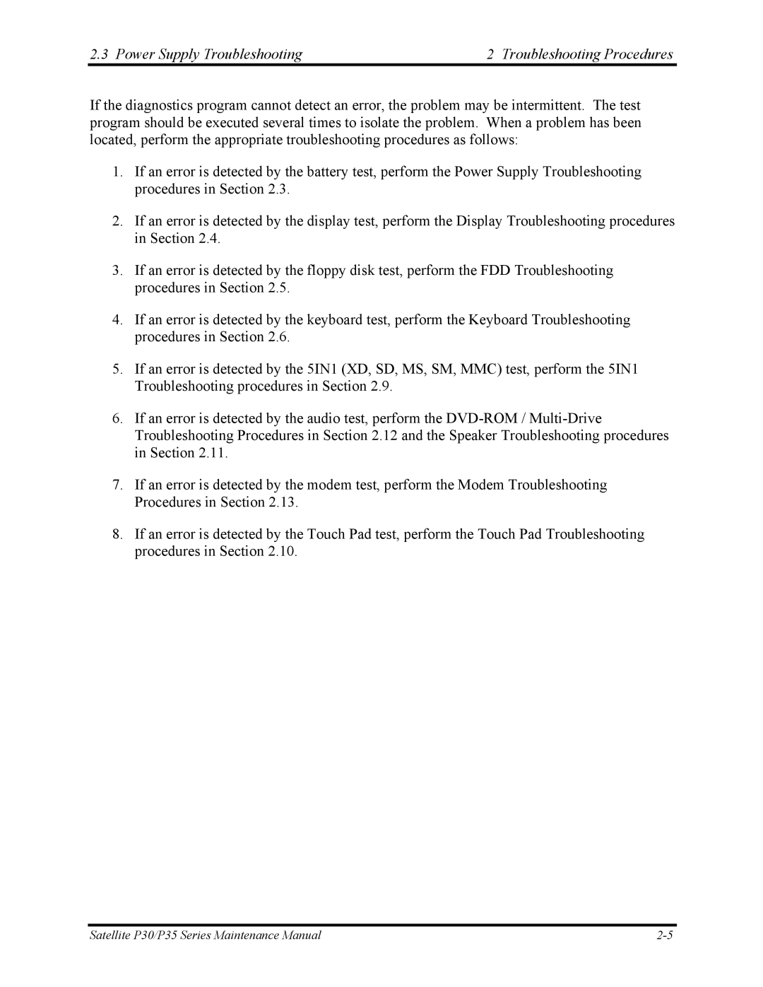 Toshiba P30 manual Power Supply Troubleshooting Troubleshooting Procedures 